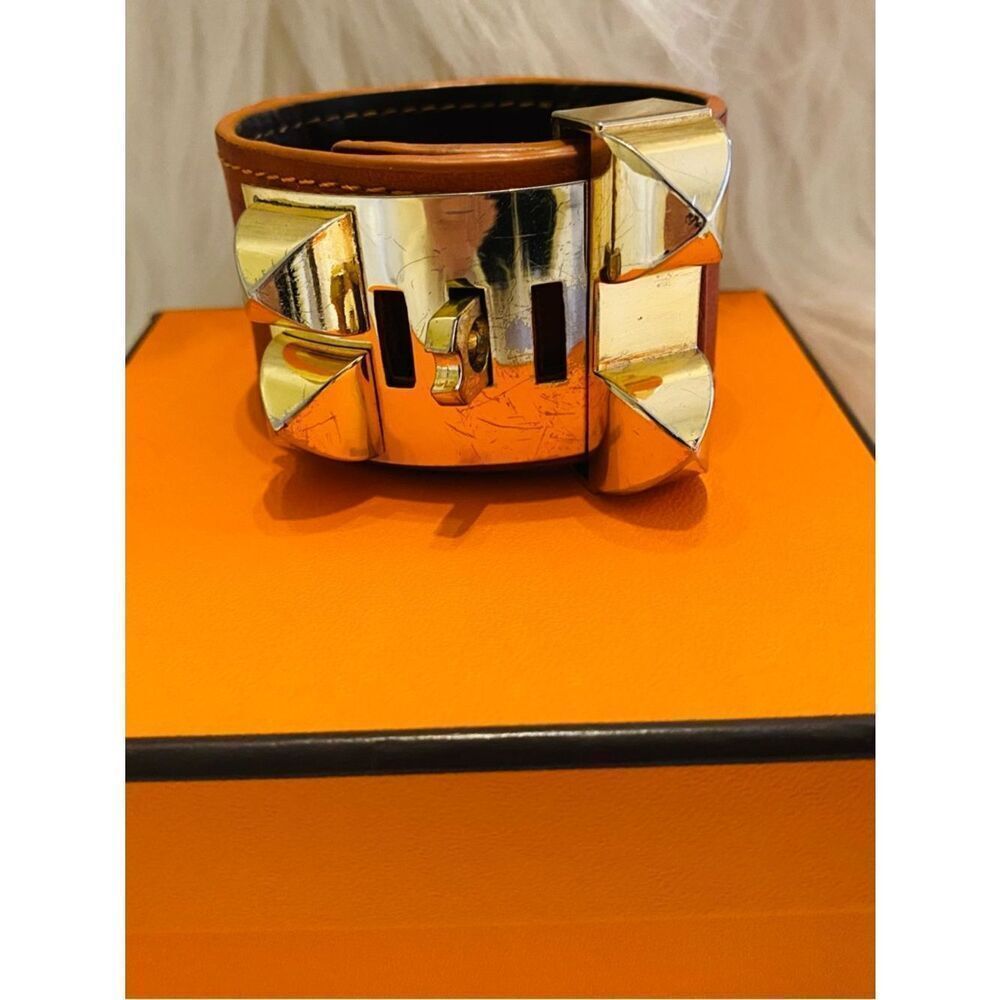 Hermes Collier de Chien Orange Leather and Gold Authentic Bracelet